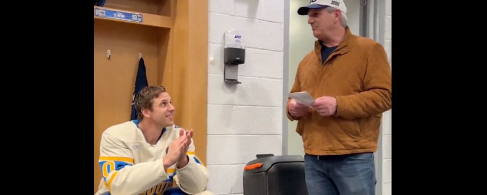 Brayden Schenn's Dad fires the Blues up with a pre-game speech in Schenn's 1,000th NHL game