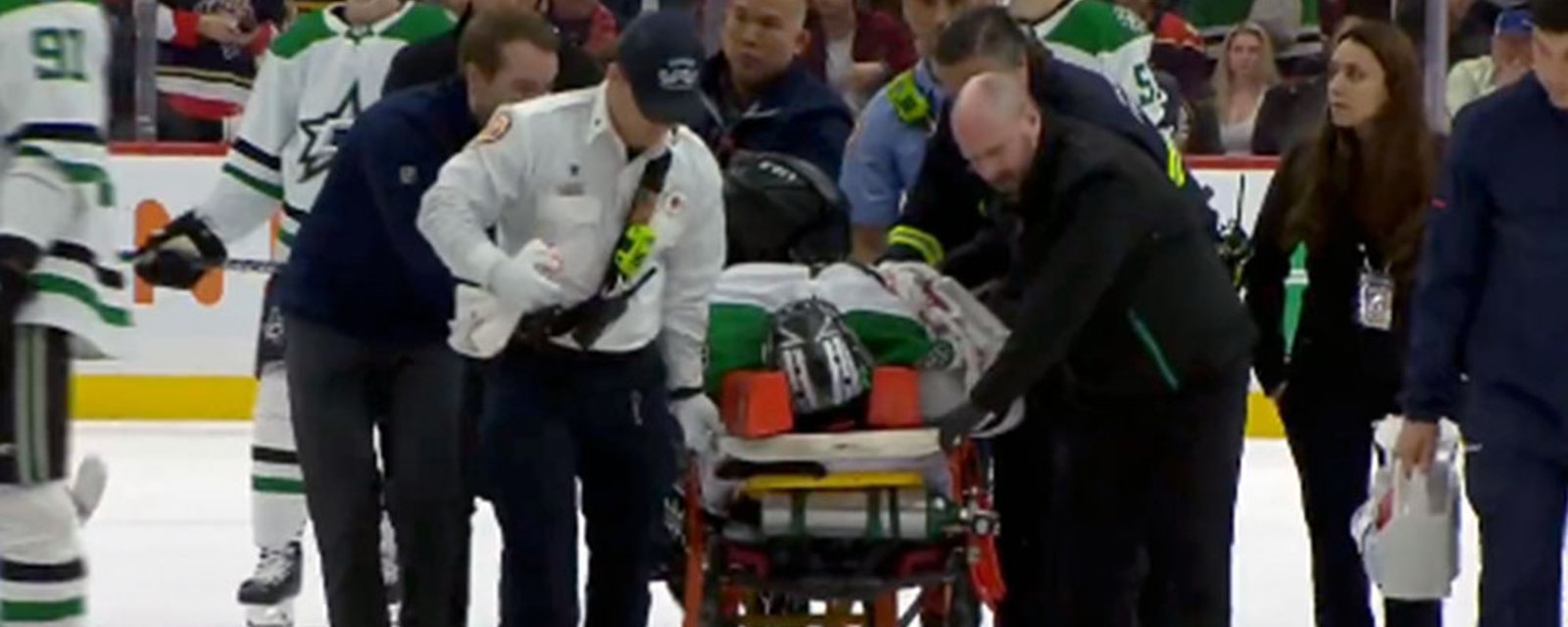 Stars goalie Scott Wedgewood is stretchered off the ice in Florida