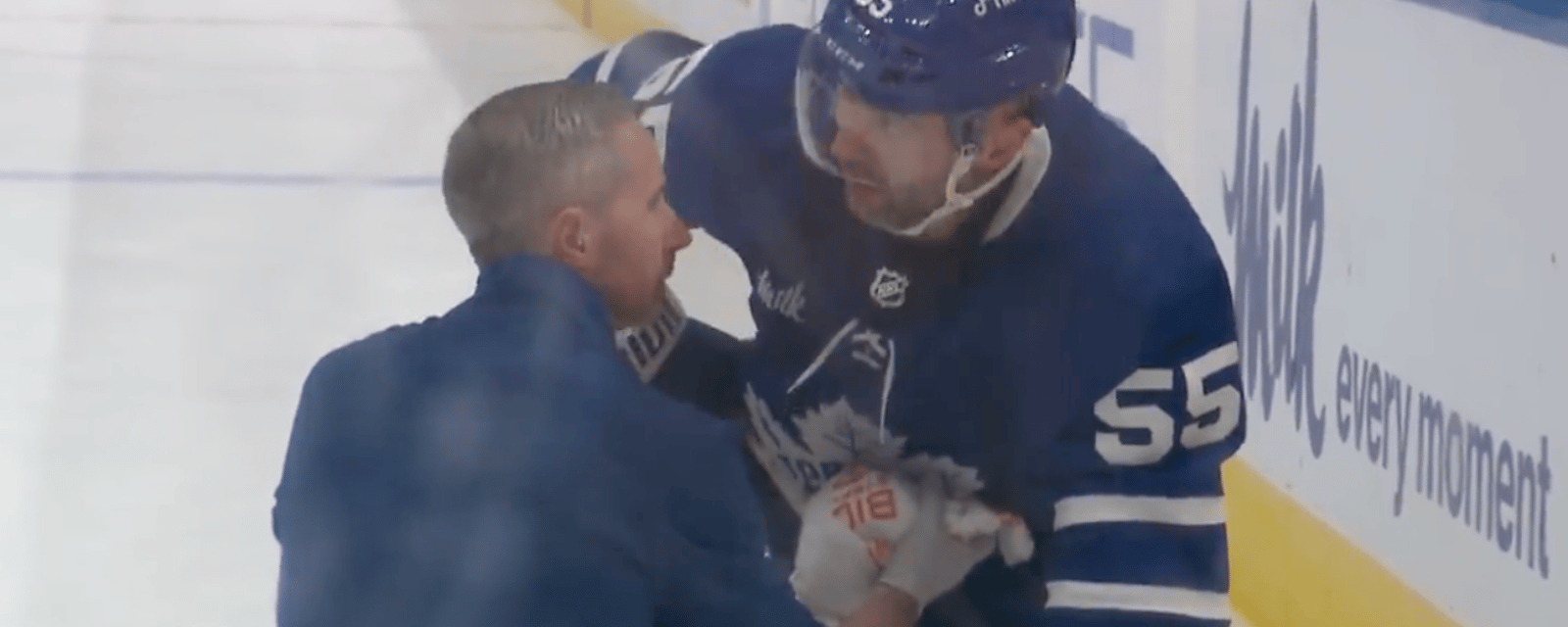 Mark Giordano departs Game 5 after hit from Pat Maroon 