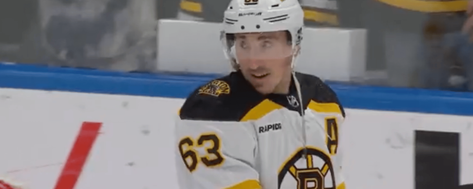 Brad Marchand accidentally hit with puck during warmup