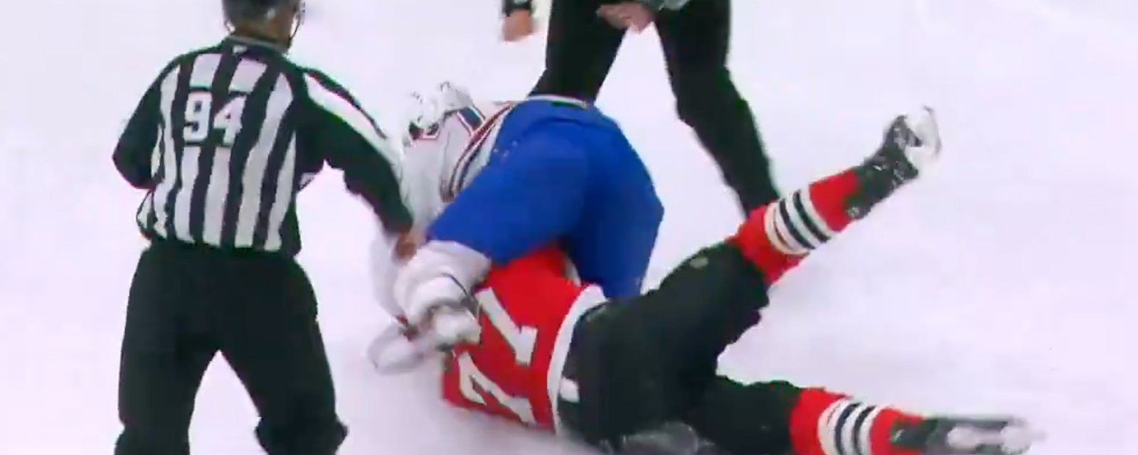 Habs’ Arber Xhekaj knocks down Hawks’ Pat Maroon in heavyweight fight!