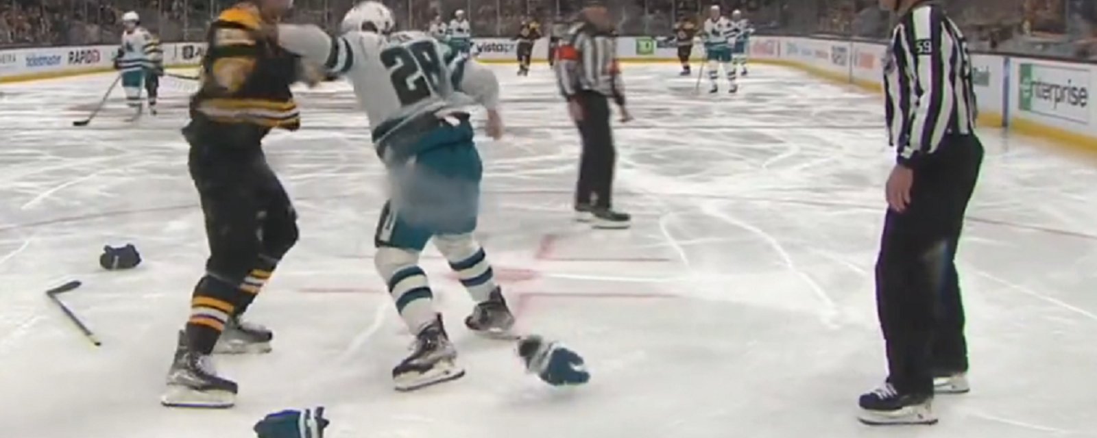 Timo Meier and Brandon Carlo drop the gloves just 27 seconds into the game!