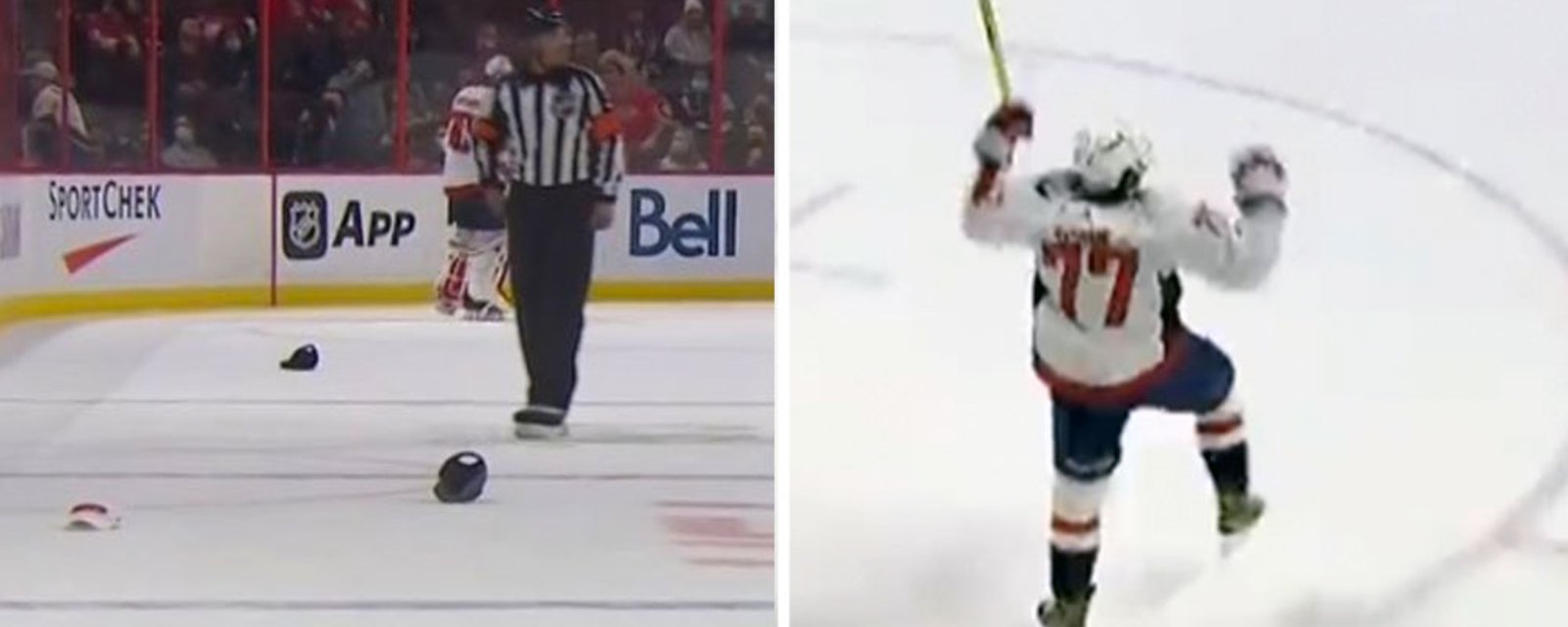 Fan throws her bra on the ice after T.J. Oshie hat trick!
