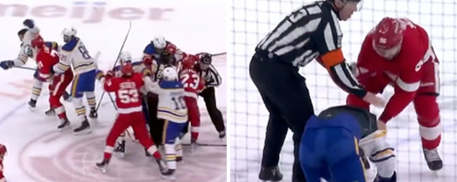 All Hell breaks loose in Detroit, Larkin dusts Skinner at center ice!