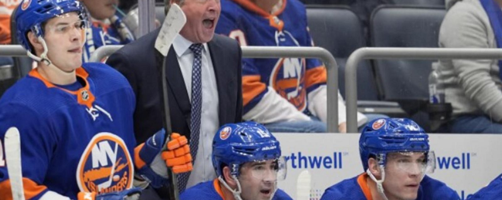 Patrick Roy reacts to his first win as coach of the Islanders.