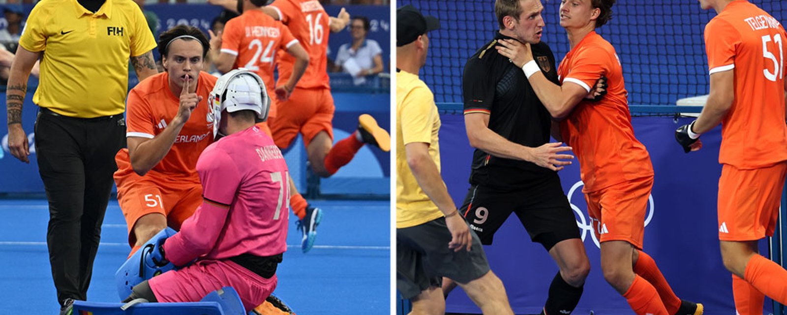 Bench clearing brawl after player 'shooshes goalie' in field hockey gold medal game