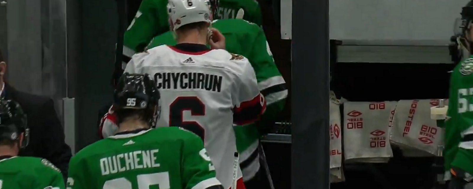 Jakob Chychrun tries to switch teams during intermission.