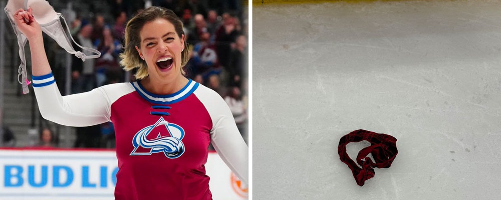 Women throw their bras and thongs on the ice after Nathan MacKinnon scores 4 goals