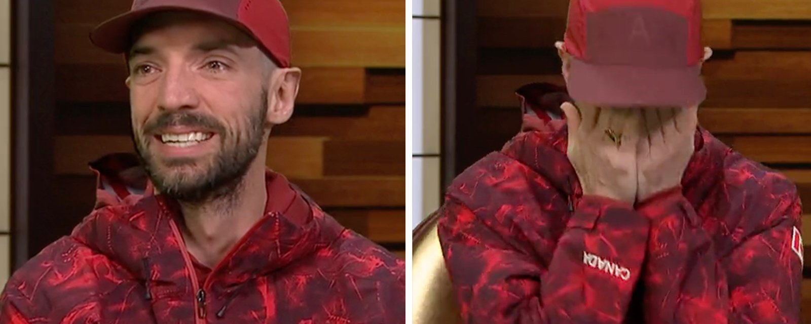 Charles Hamelin se fait surprendre en direct par Geneviève Tardif et leur fille Violette et s'effondre en larmes