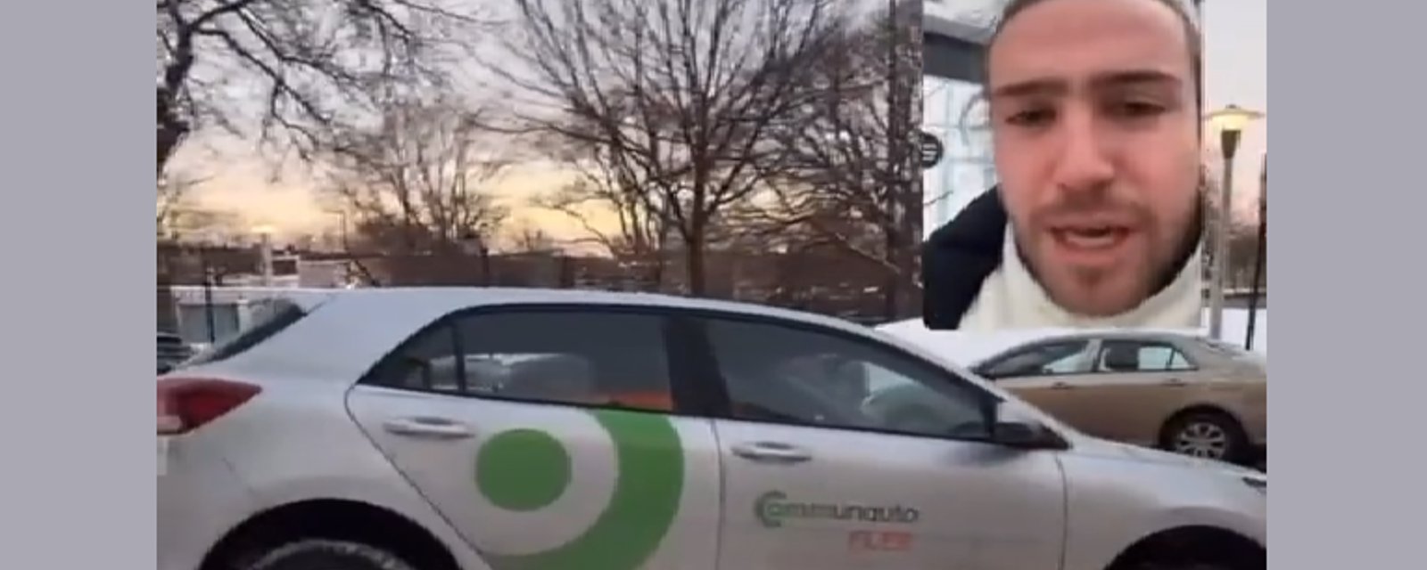 Mathieu Dufour expose une voiture Communauto stationnée sur un banc de neige