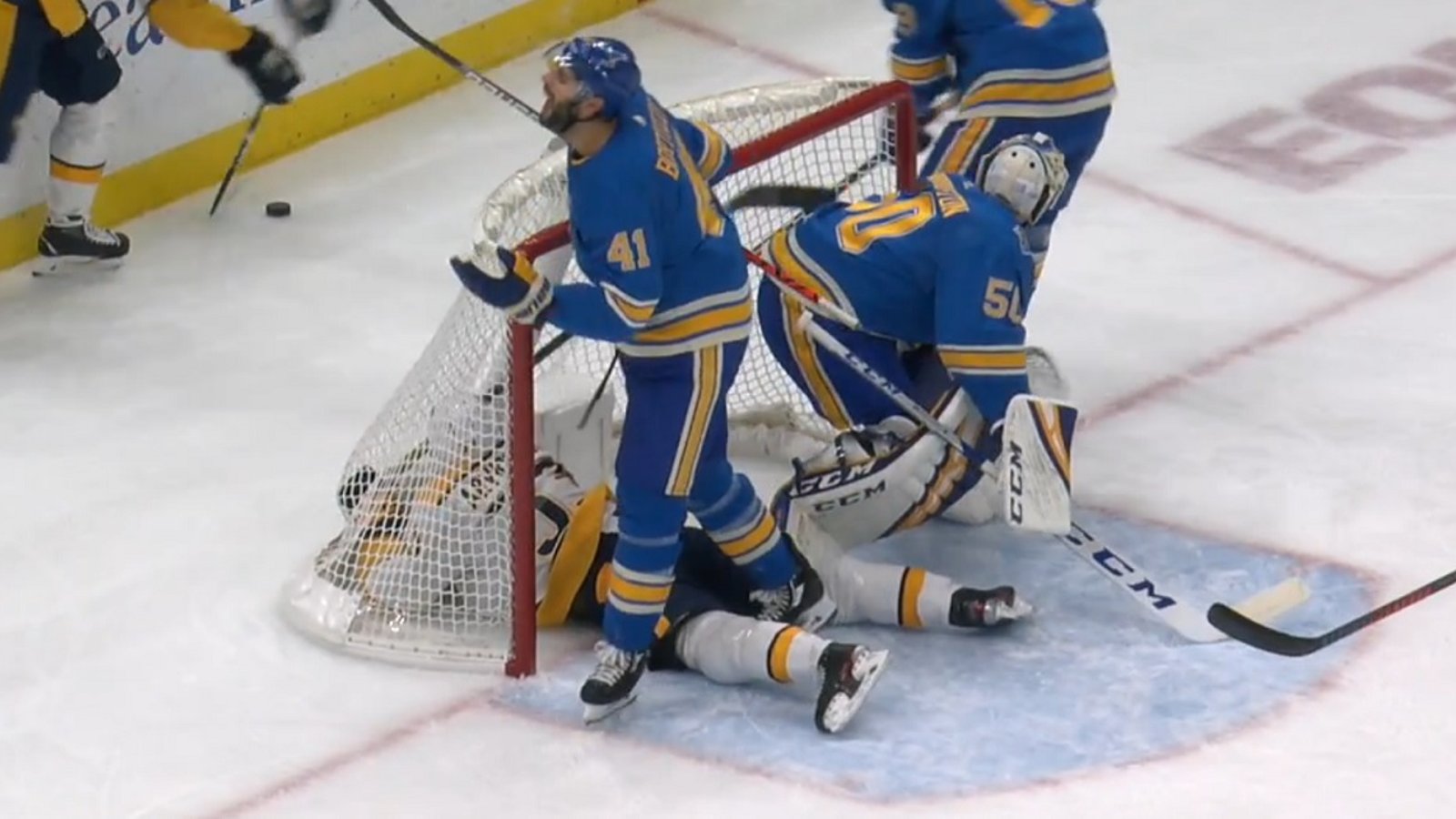 Vicious attack from Robert Bortuzzo takes Viktor Arvidsson out of the game.