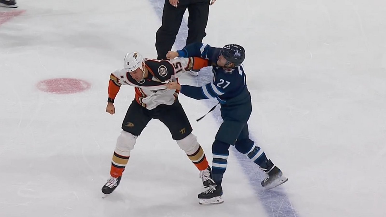 Nikolaj Ehlers drops the gloves with Ryan Getzlaf.