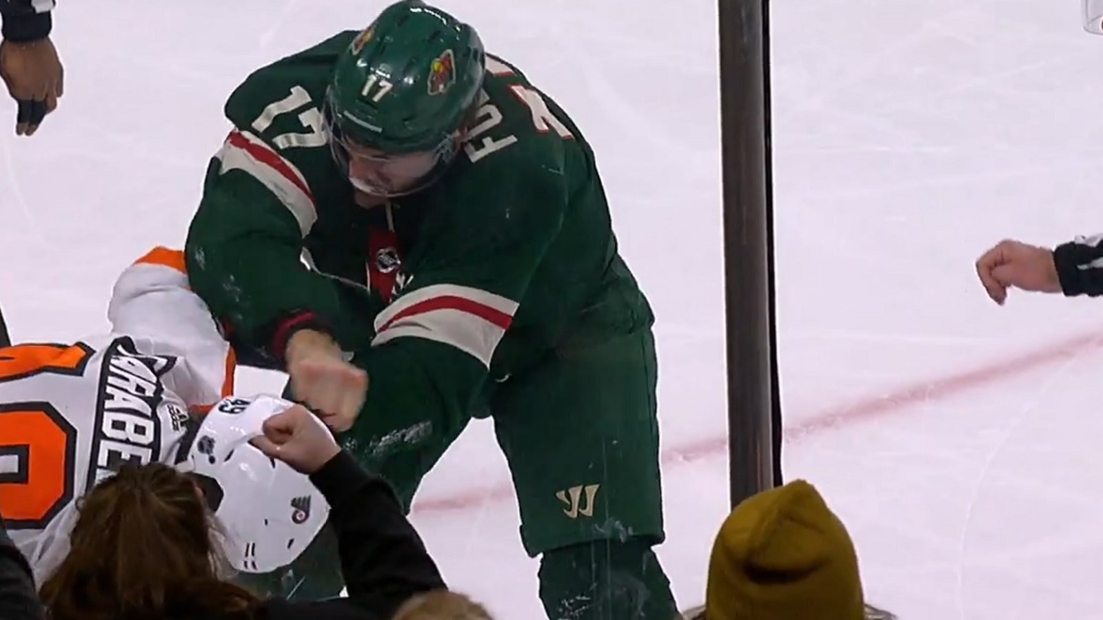 Marcus Foligno destroys rookie Joel Farabee for daring to challenge him.