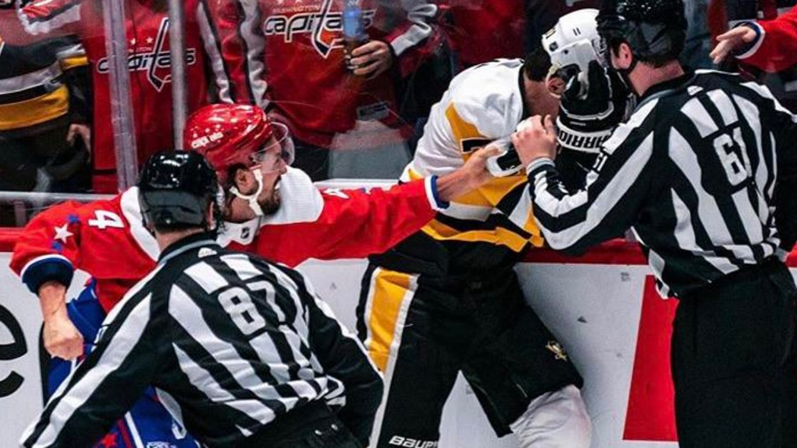 Malkin and Dillon trade blows after time expires in the 1st period.