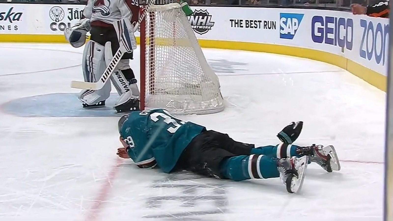 Logan Couture knocked out of the game after taking another puck to the face.