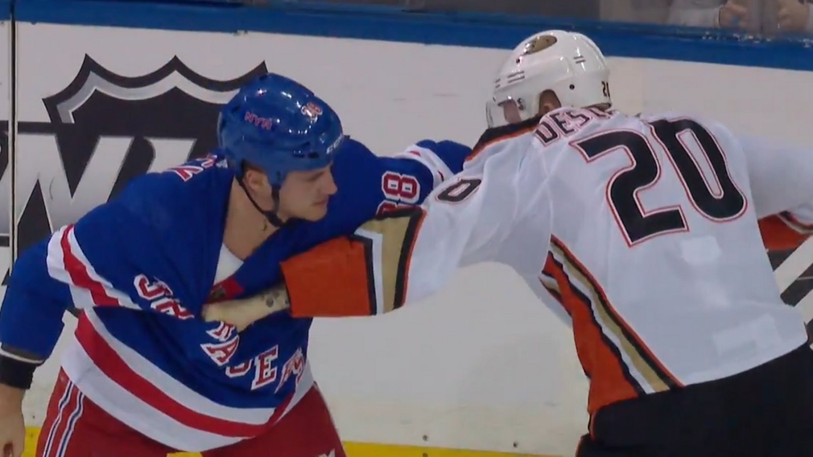 Veteran enforcers Nicolas Deslauriers and Micheal Haley try to take each others heads off.