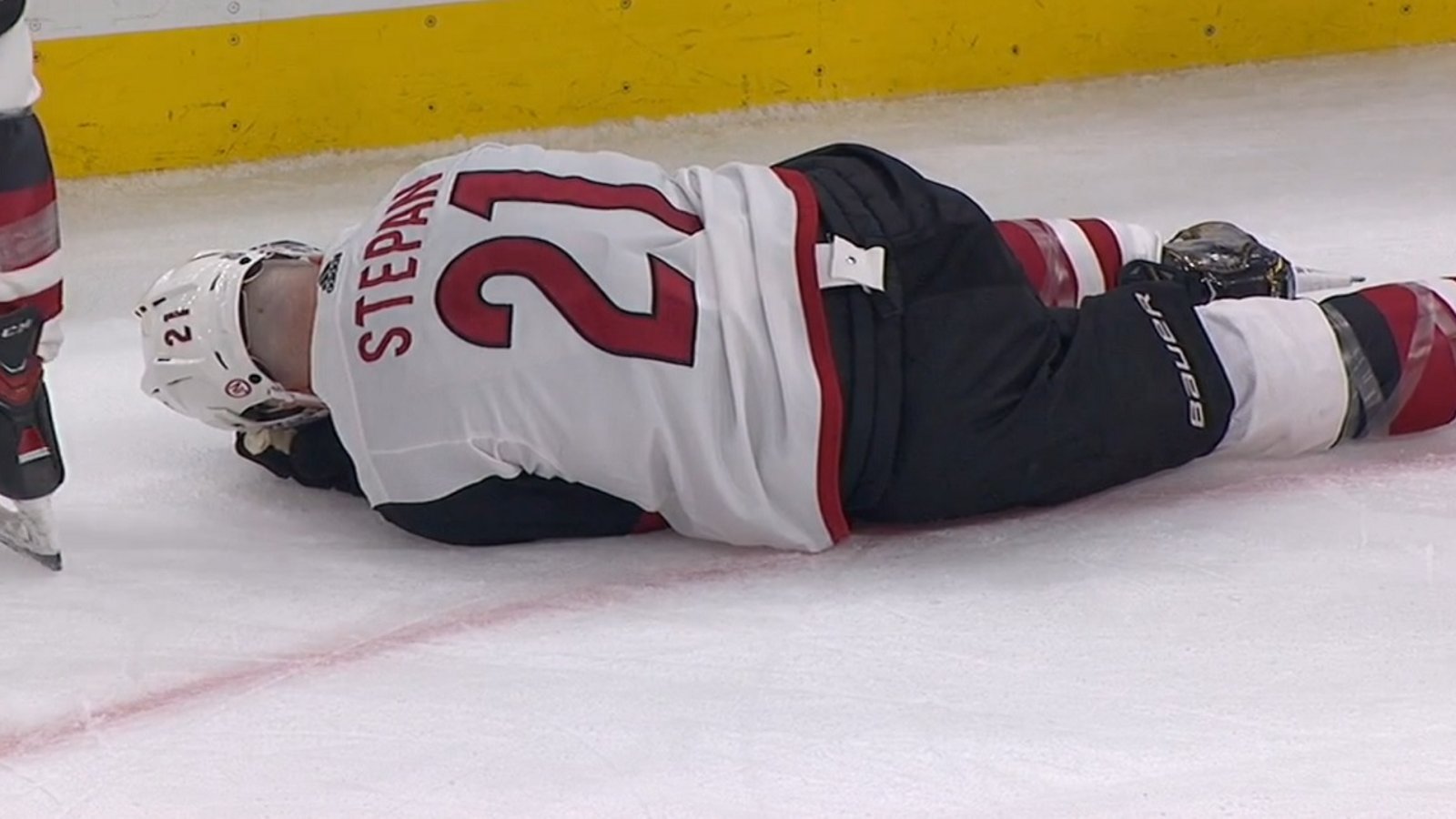 Jeremy Lauzon gets tossed after a bad hit on Derek Stepan.