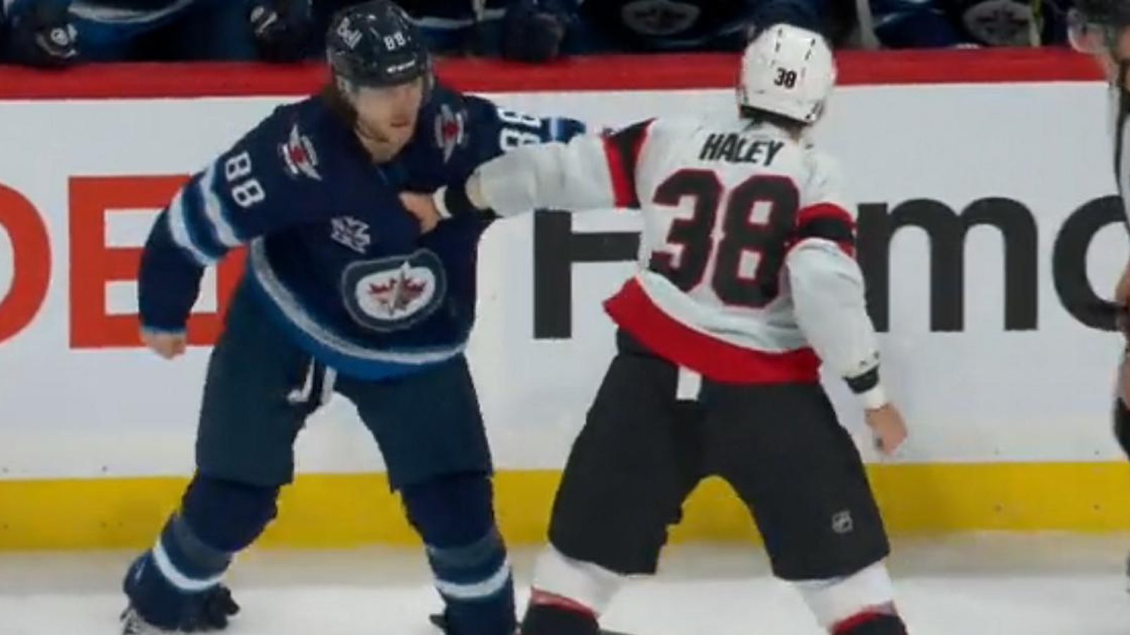 Beaulieu and Haley throwdown in front of the Jets bench.