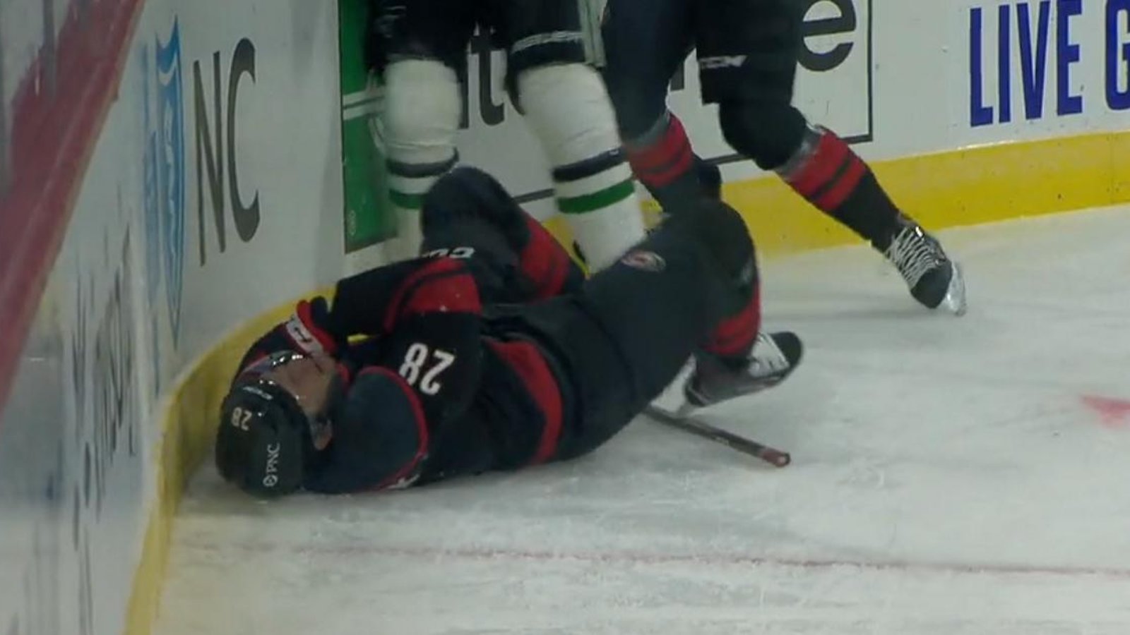 Blake Comeau crushes Max McCormick and sends him to the locker room.