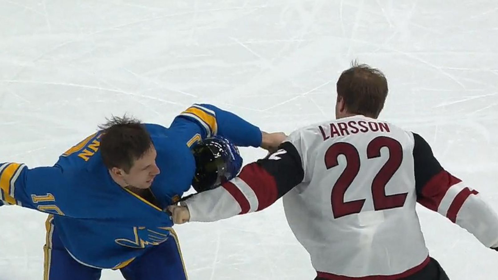 Oliver Ekman Larsson takes on Brayden Schenn in back and forth battle.