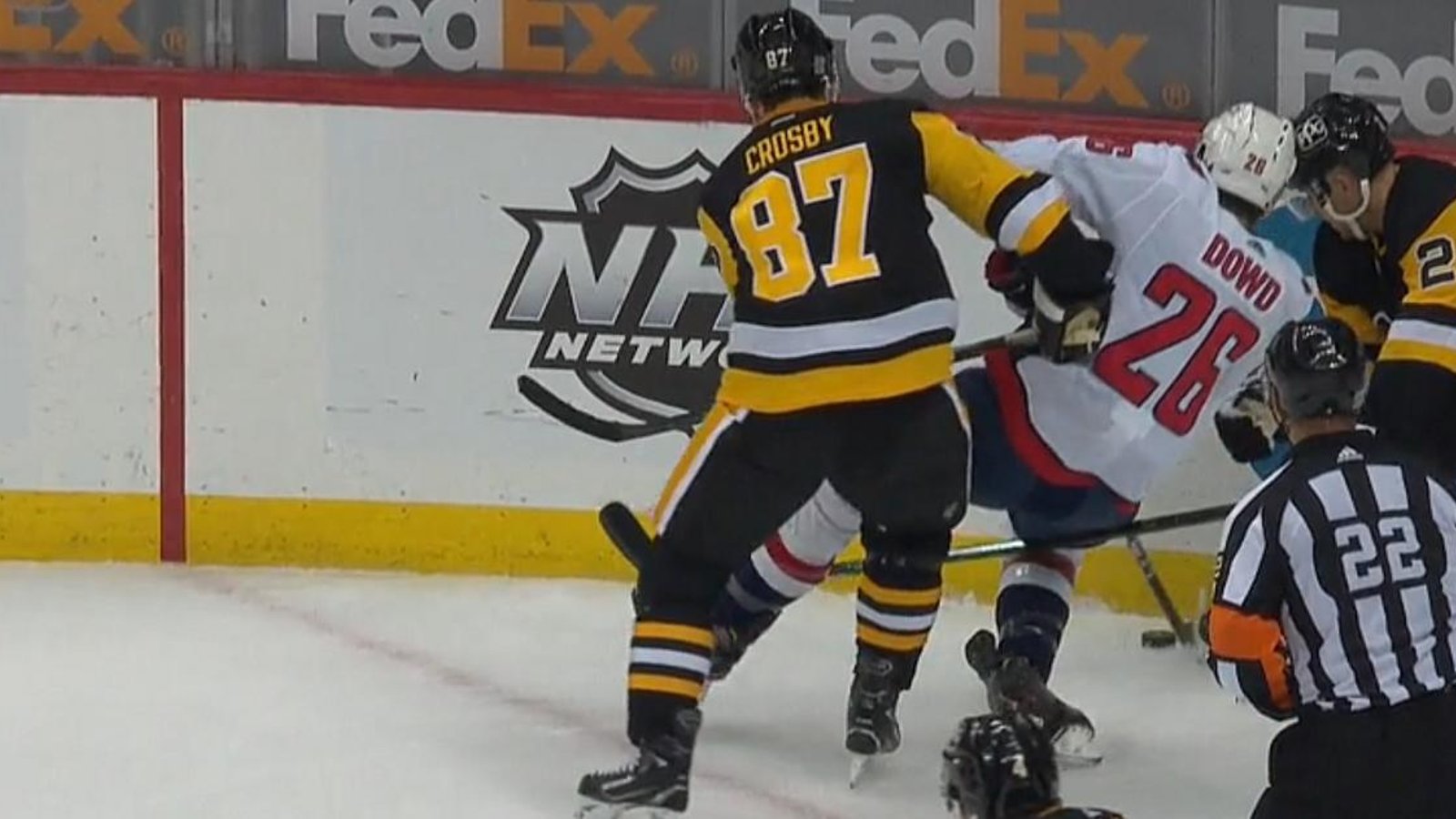 Nic Dowd shaken up after a slew foot from Sidney Crosby.