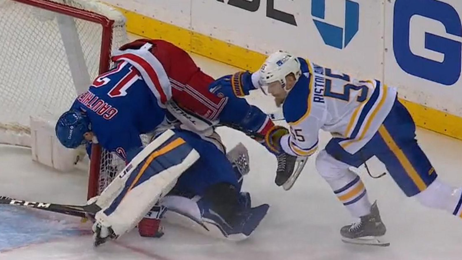 Carter Hutton injured after being run over in net.
