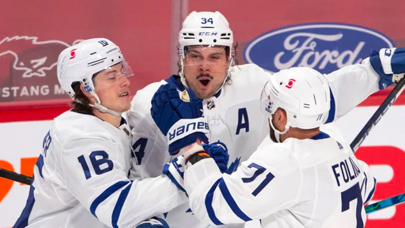 Matthews bats the puck out of air, then rips it post and in for his 35th goal of the season 