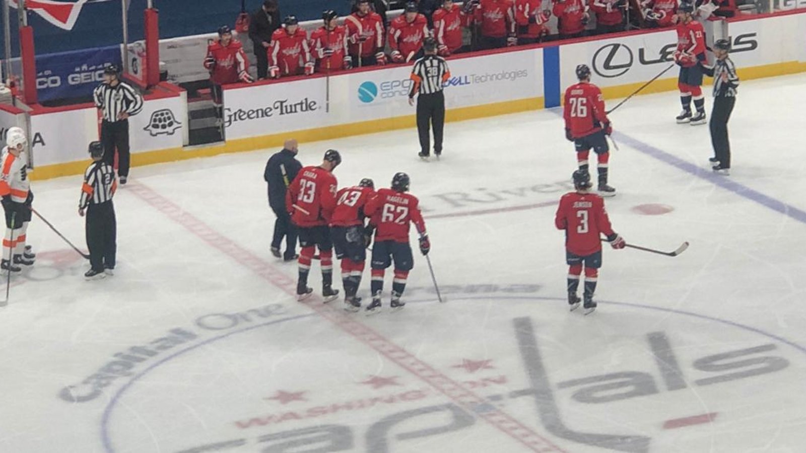 Breaking: Tom Wilson injured in knee on knee collision!