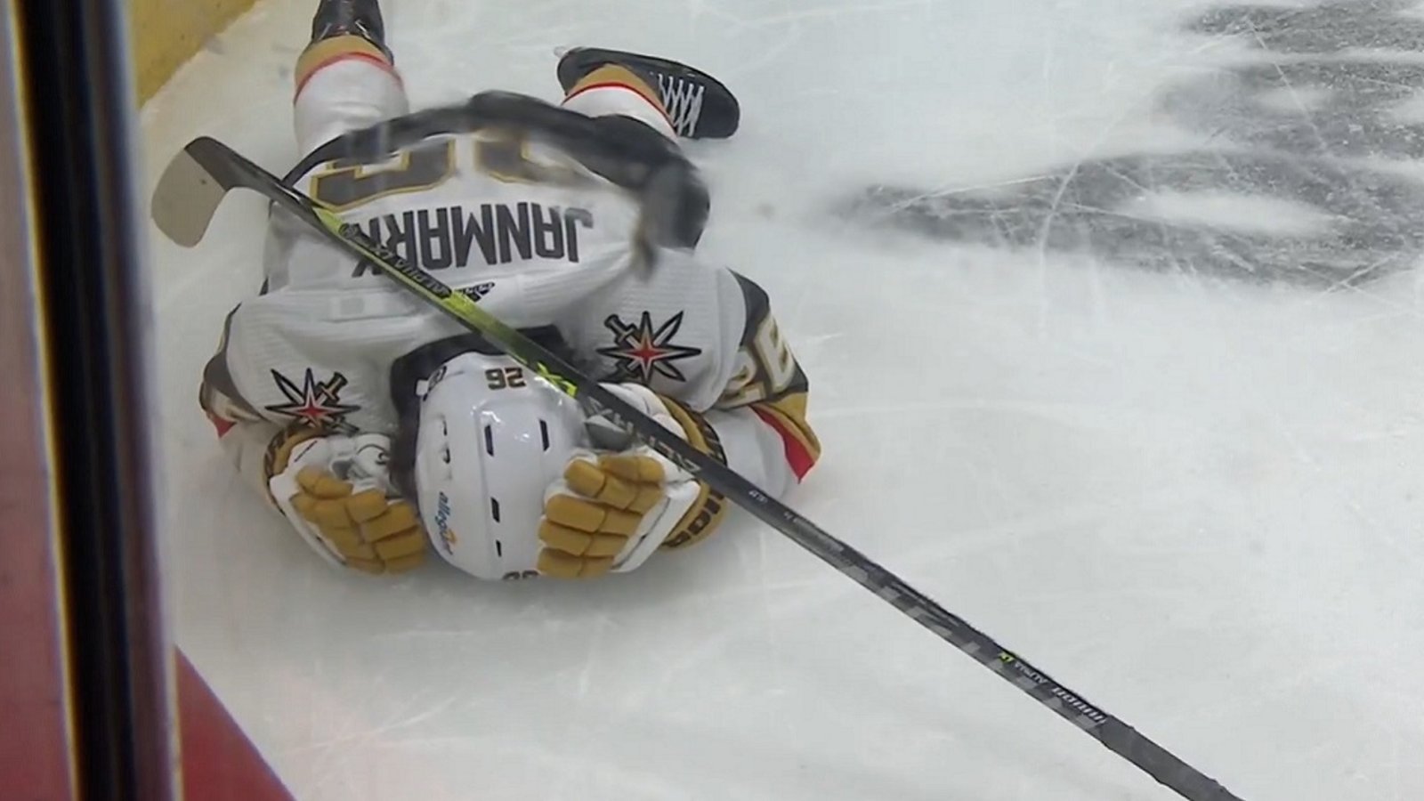 Mattias Janmark gets crushed by Ryan Graves in Game 1.