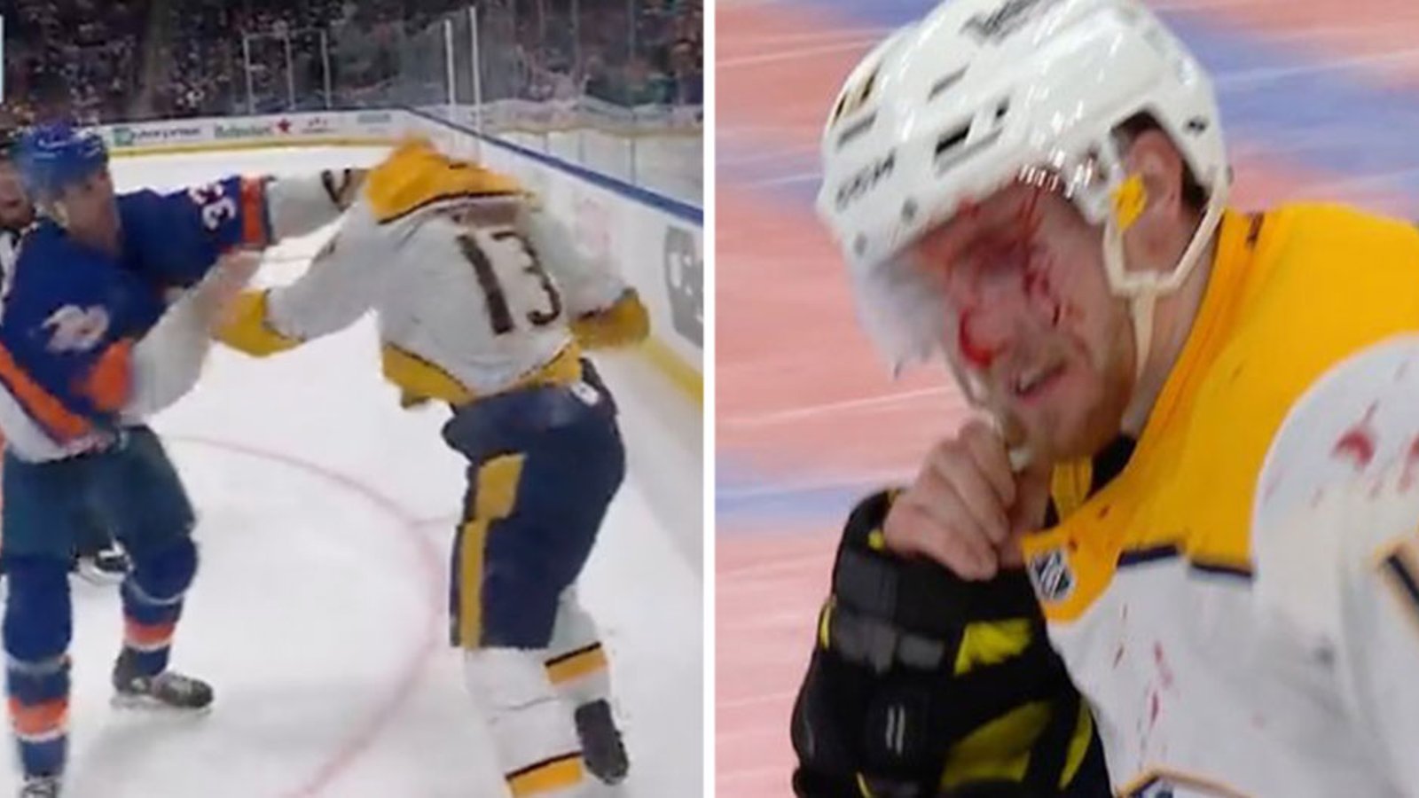Chara tunes up Trenin, pulls his jersey over his head and leaves him leaking