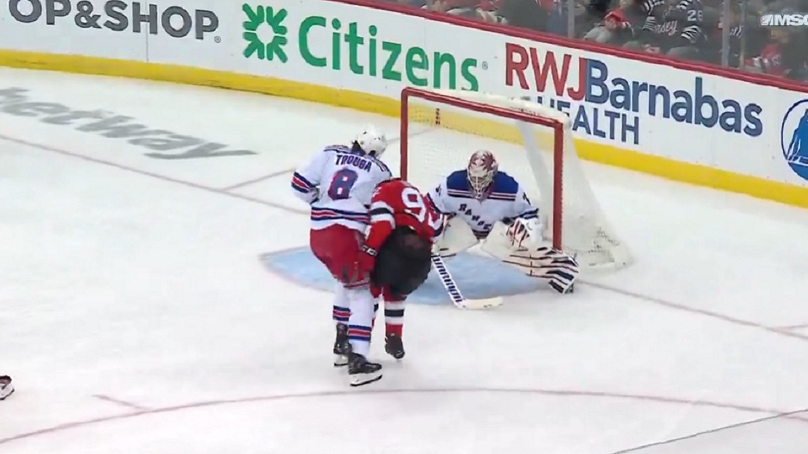 Jacob Trouba crushes Tomas Nosek with a devastating hit.