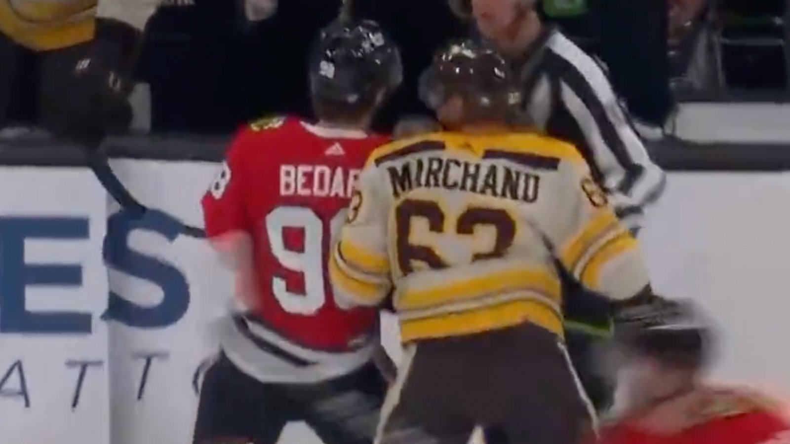 Brad Marchand goes after Connor Bedard after his first NHL goal