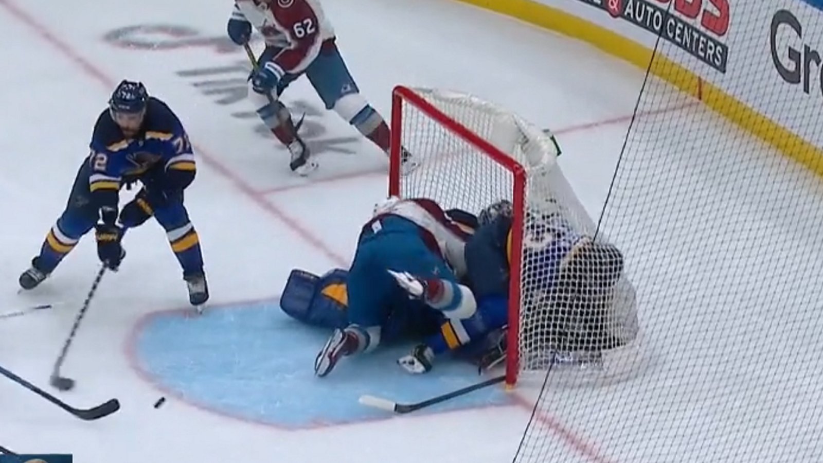 Jordan Binnington injured in collision with Nazem Kadri in Game 3.