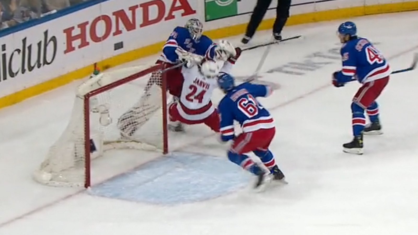 Shesterkin leaves his crease and hits Jarvis in Game 6.