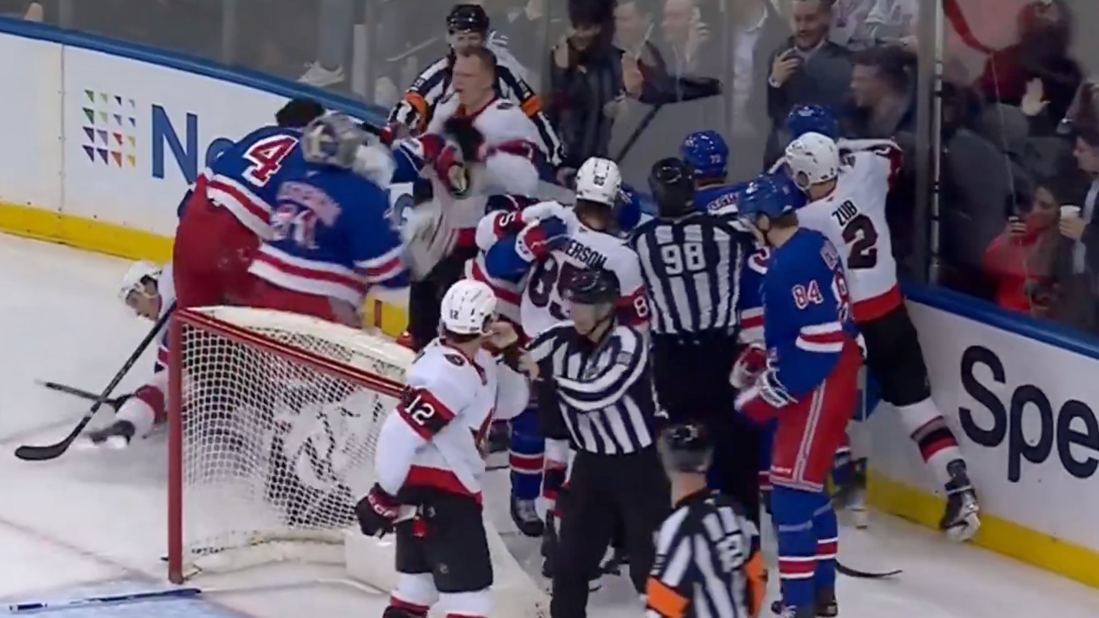 Goalie Igor Shesterkin jumps in the pile and goes after Brady Tkachuk!