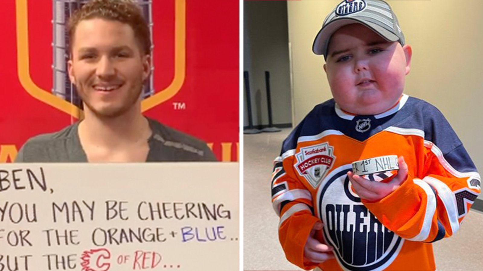 Matthew Tkachuk puts rivalries aside to cheer on Oilers superfan Ben Stelter