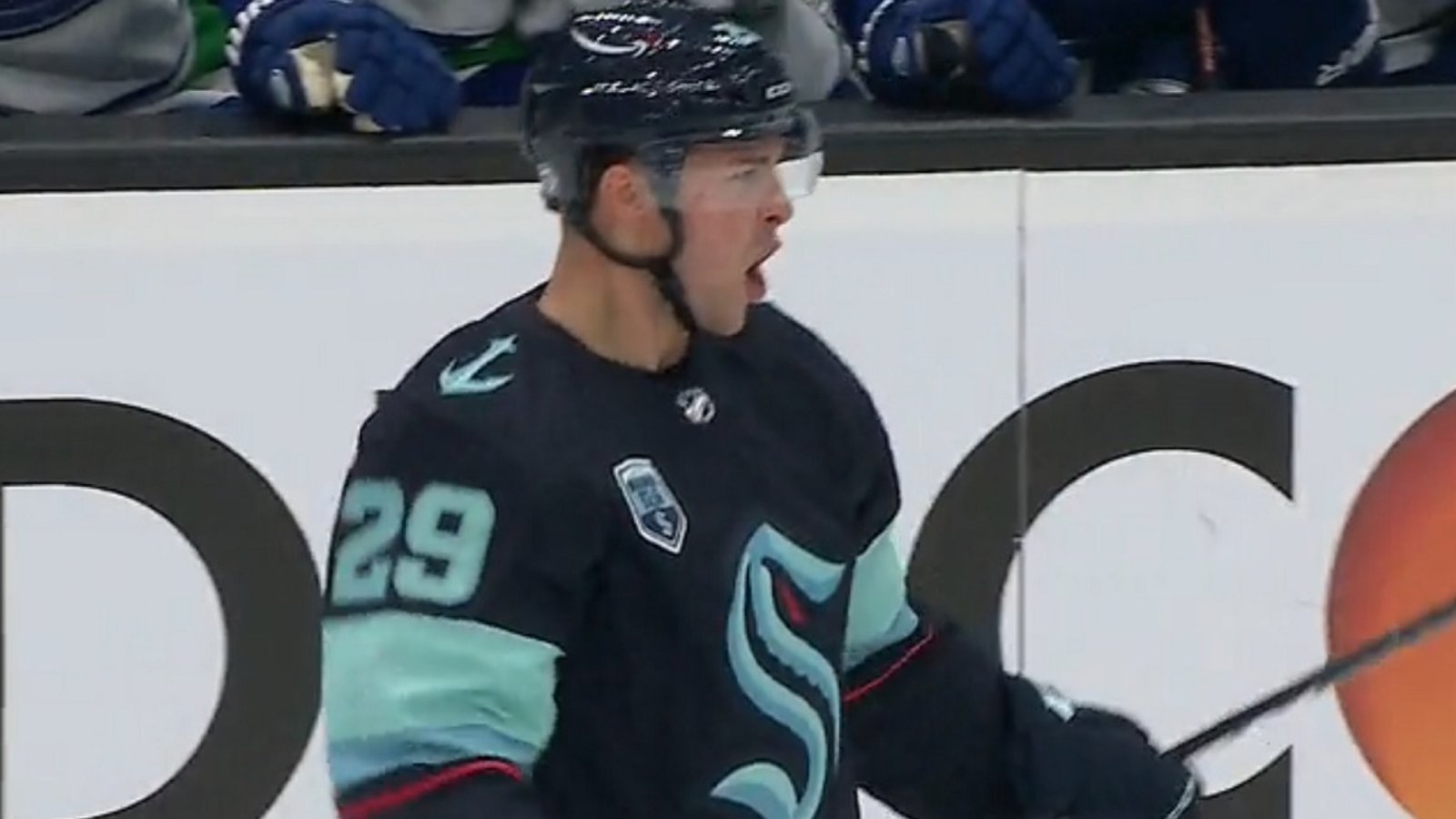 Vince Dunn scores the first home goal in Seattle Kraken history.