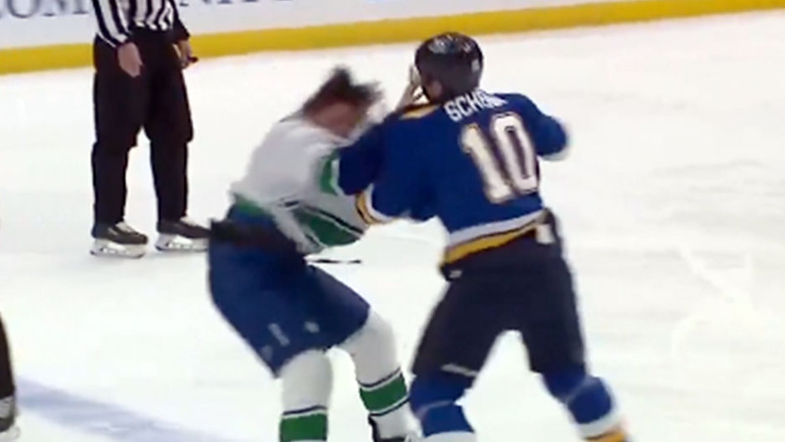 Brayden Schenn clocks JT Miller in faceoff fight, takes Miller out of the game