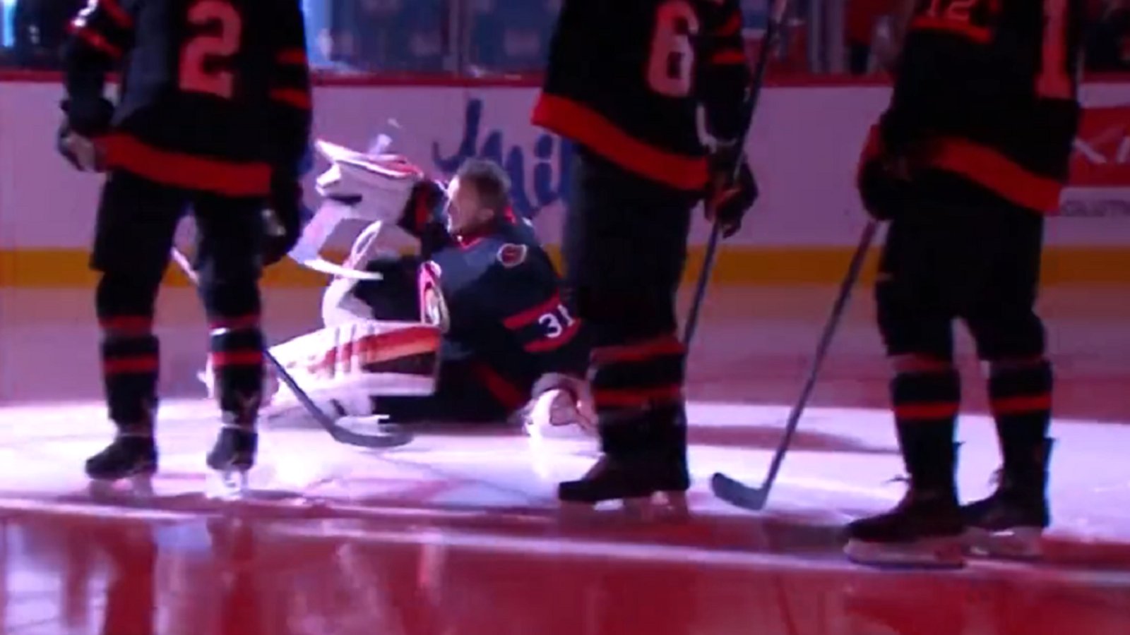 Anton Forsberg crashes and burns during pregame introduction.