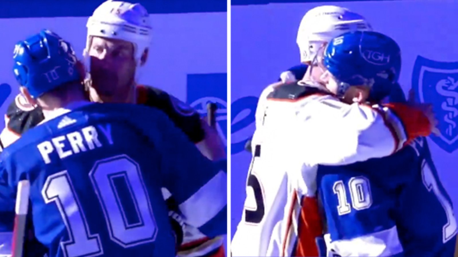 Lightning line up to shake Ryan Getzlaf's hand in the final game he plays against Corey Perry
