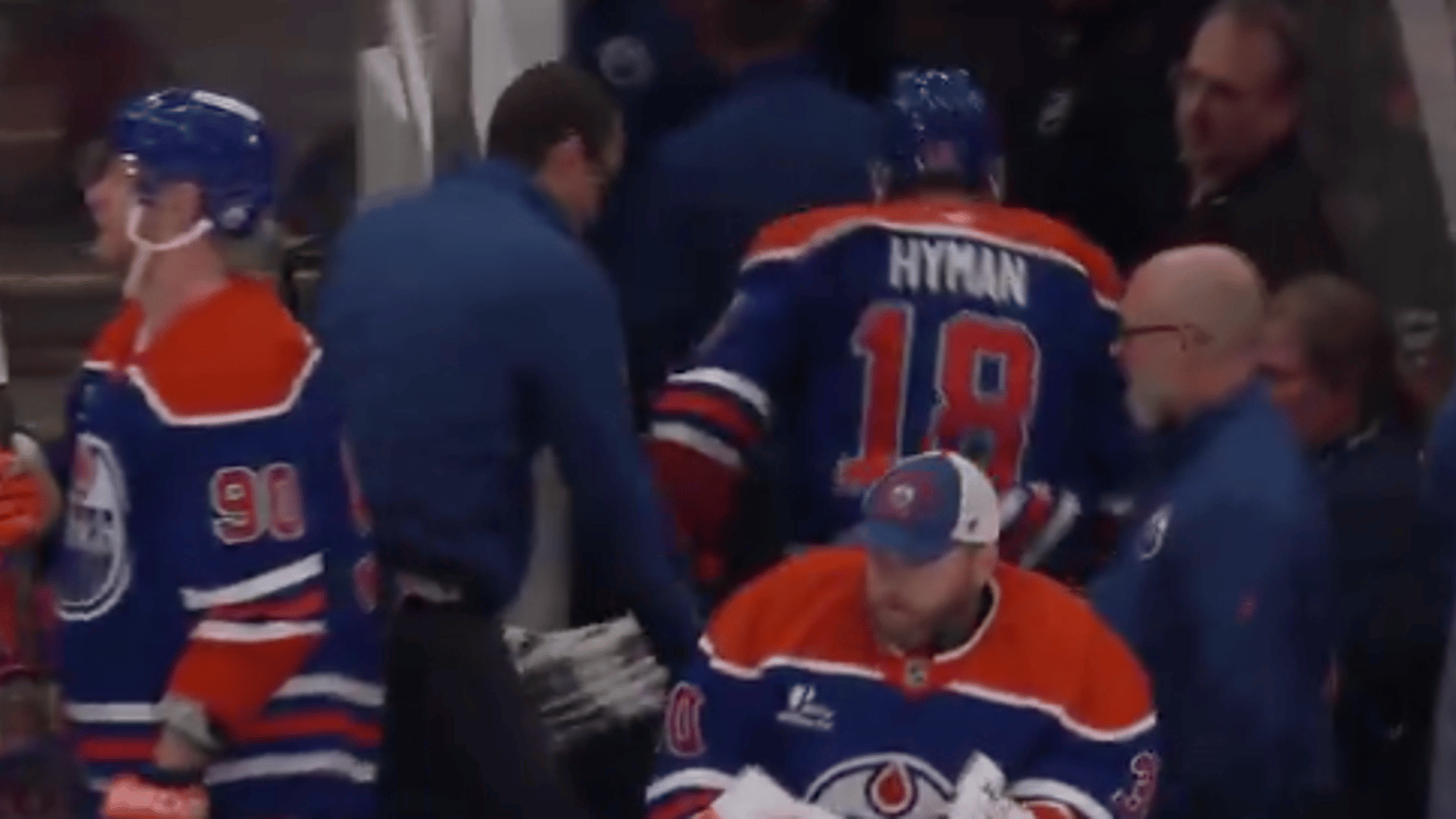 Zach Hyman leaves Game 4 after taking a hard hit from Mason Marchment