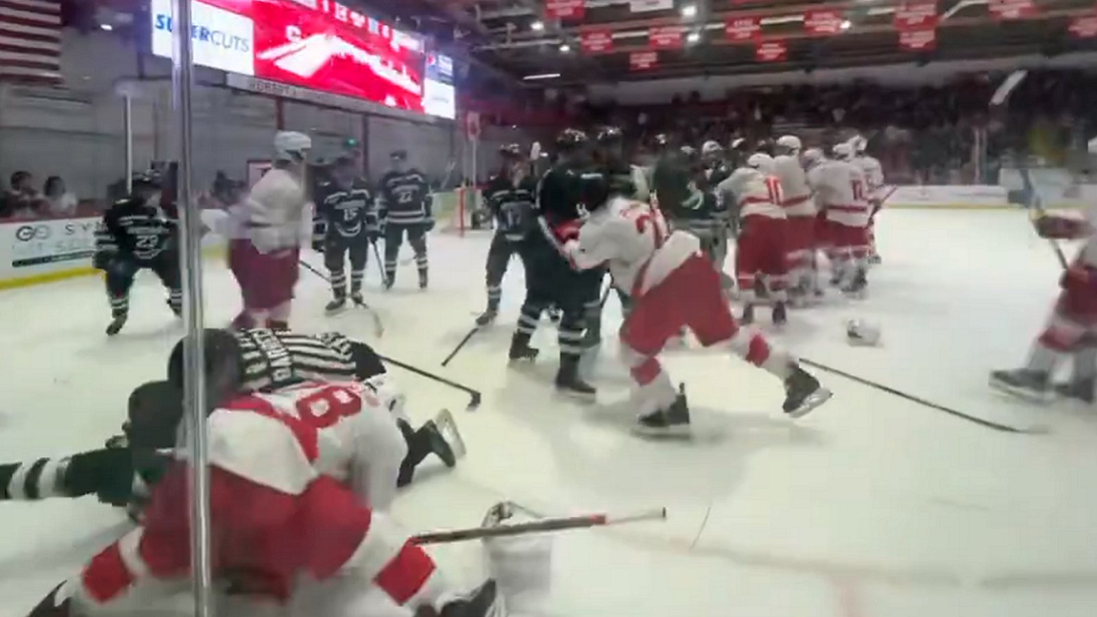 All hell breaks loose during college hockey brawl.