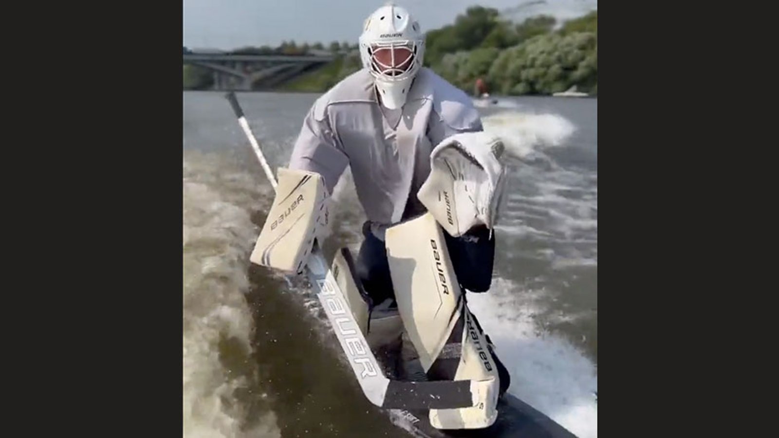 Goalie goes viral after wake boarding in full gear