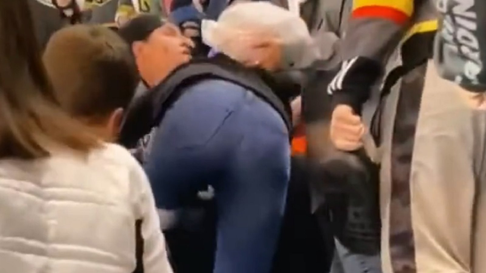 Woman removes prosthetic leg to beat up man during Golden Knights game.