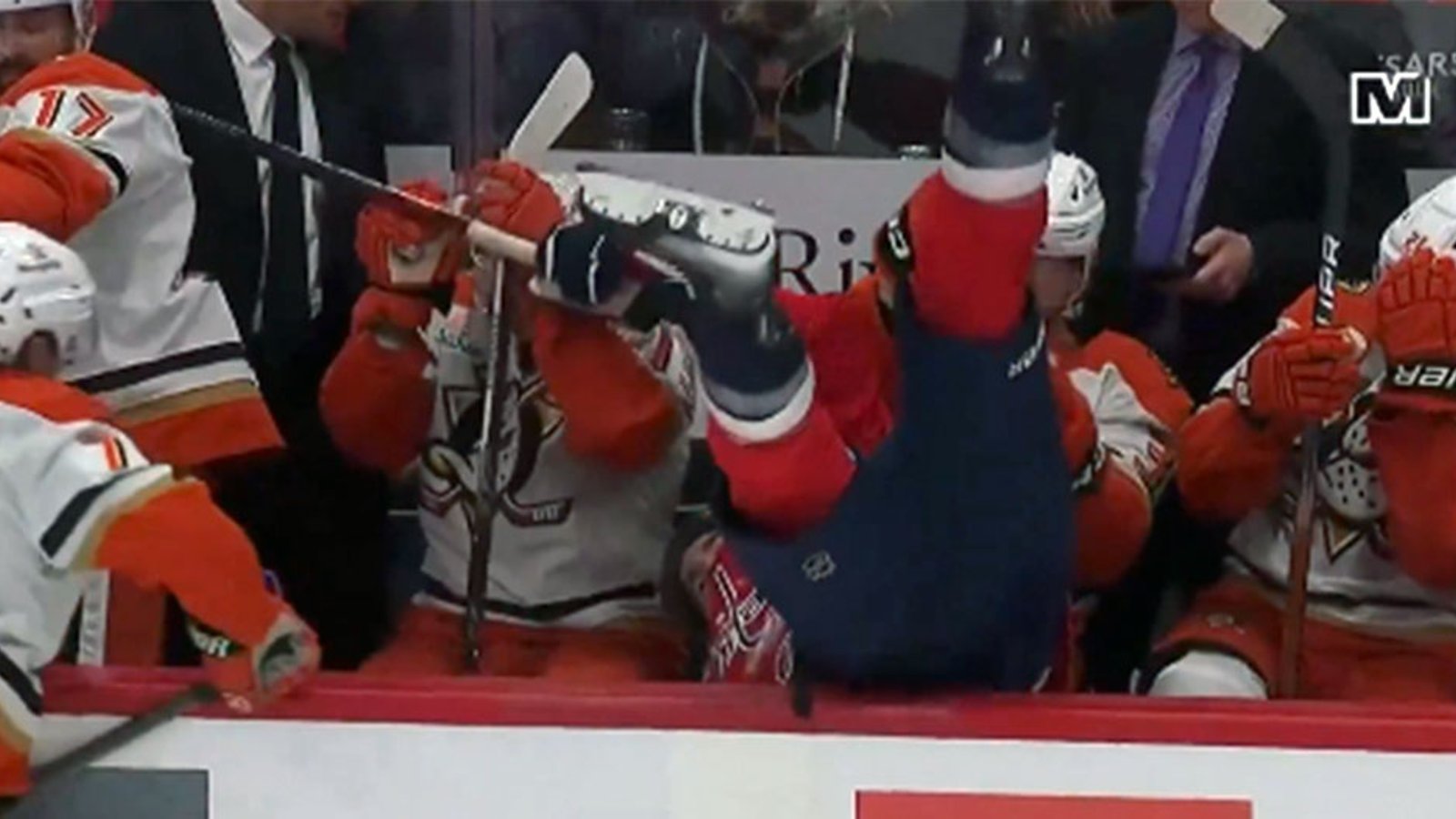 Tom Wilson gets absolutely leveled, goes upside down into the Ducks' bench