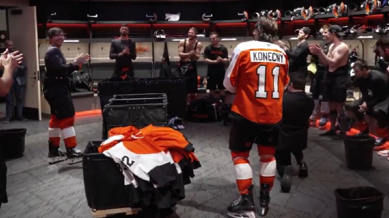 Flyers take shot at Cutter Gauthier in post-game celebration.