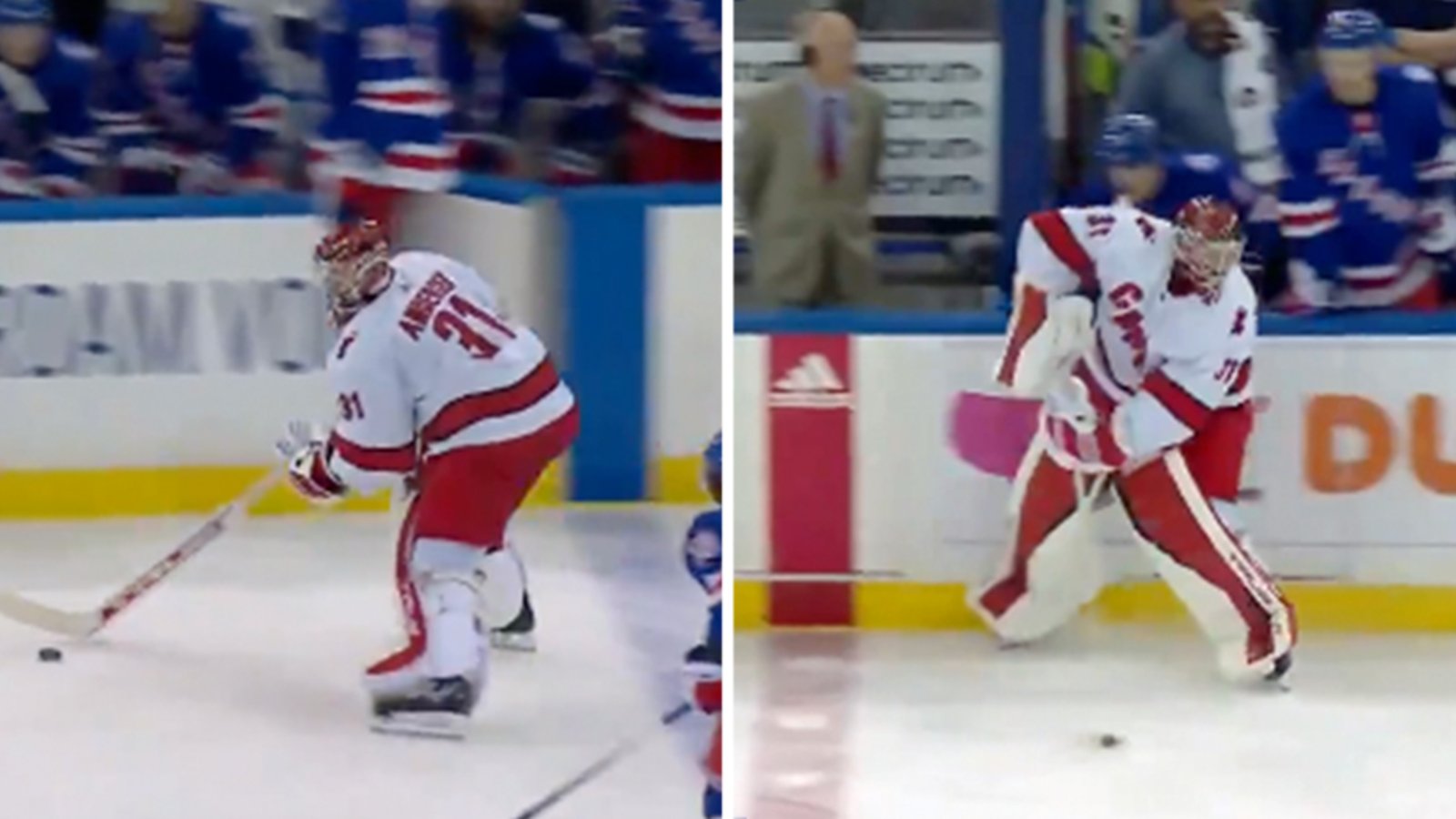 Freddie Andersen dances through the neutral zone, dekes out the Rangers at center ice