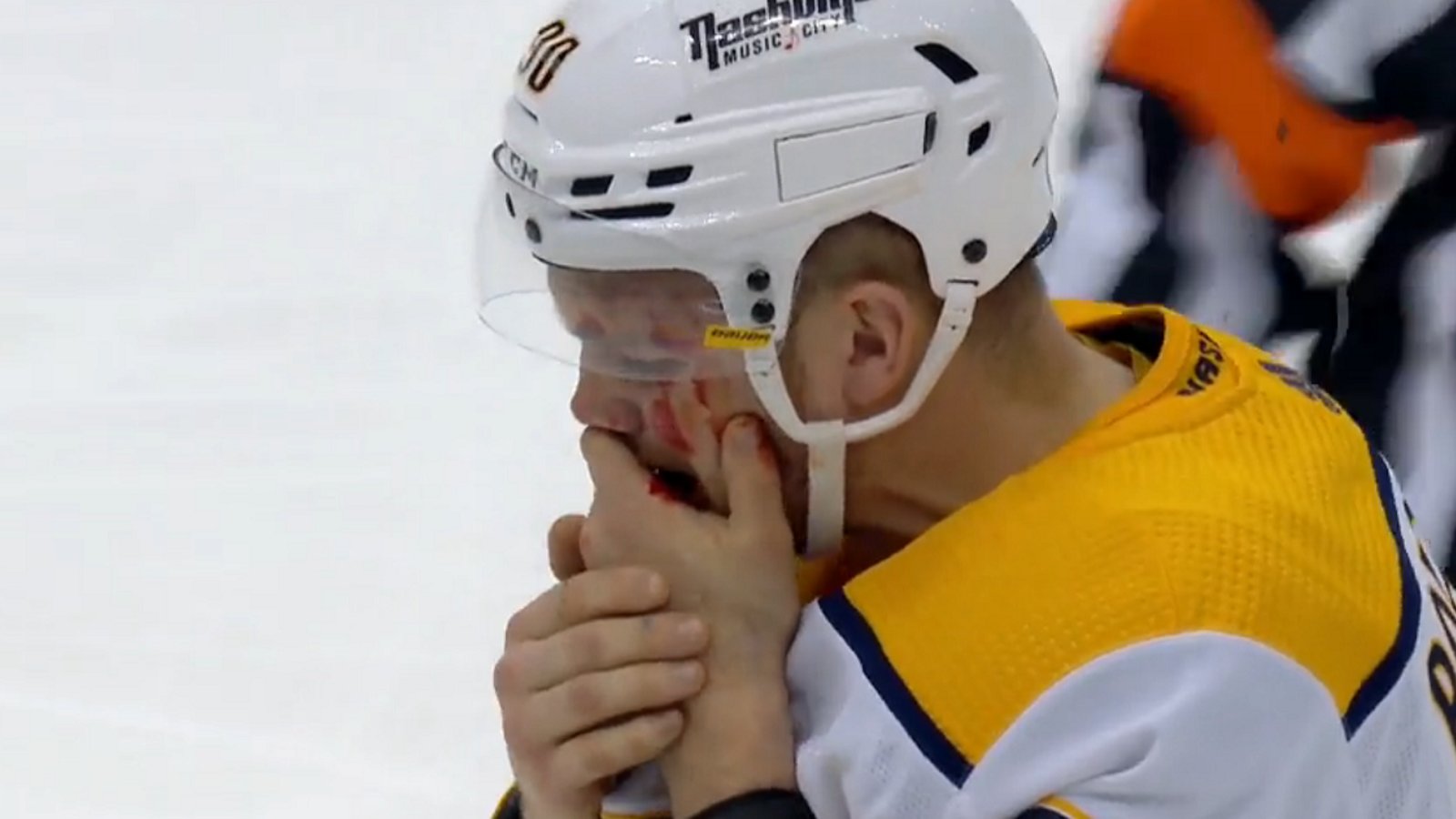 Evgeni Malkin crosschecks Mark Borowiecki in the face.