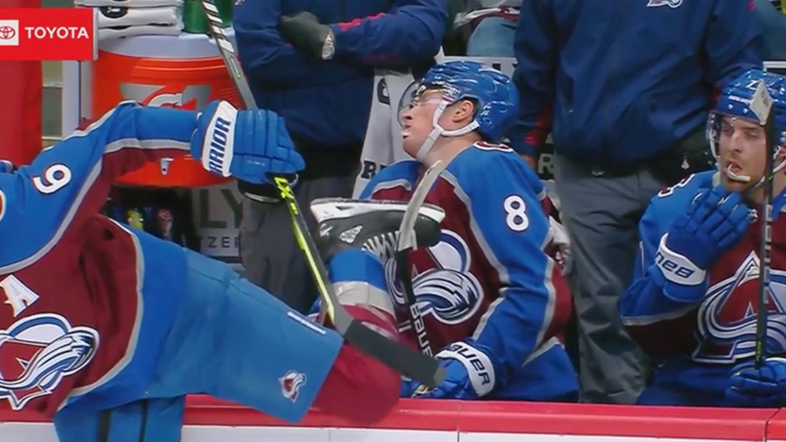 Makar has his face accidentally kicked by teammate, narrowly avoids injury