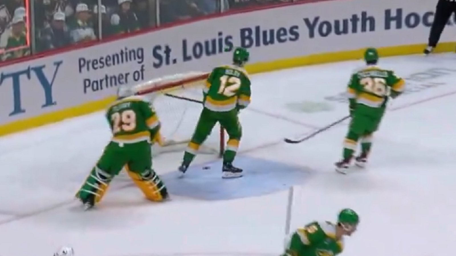 Fleury and Boldy smash sticks in frustration after overtime loss.